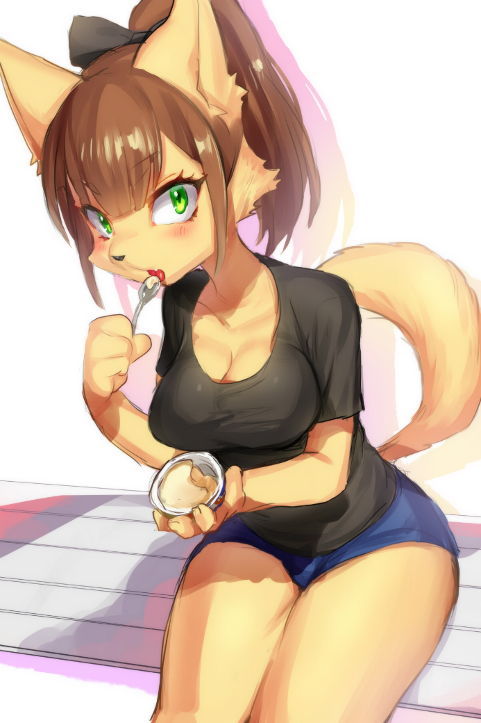 1girl artist_request breasts brown_hair cat eating female furry green_eyes ...