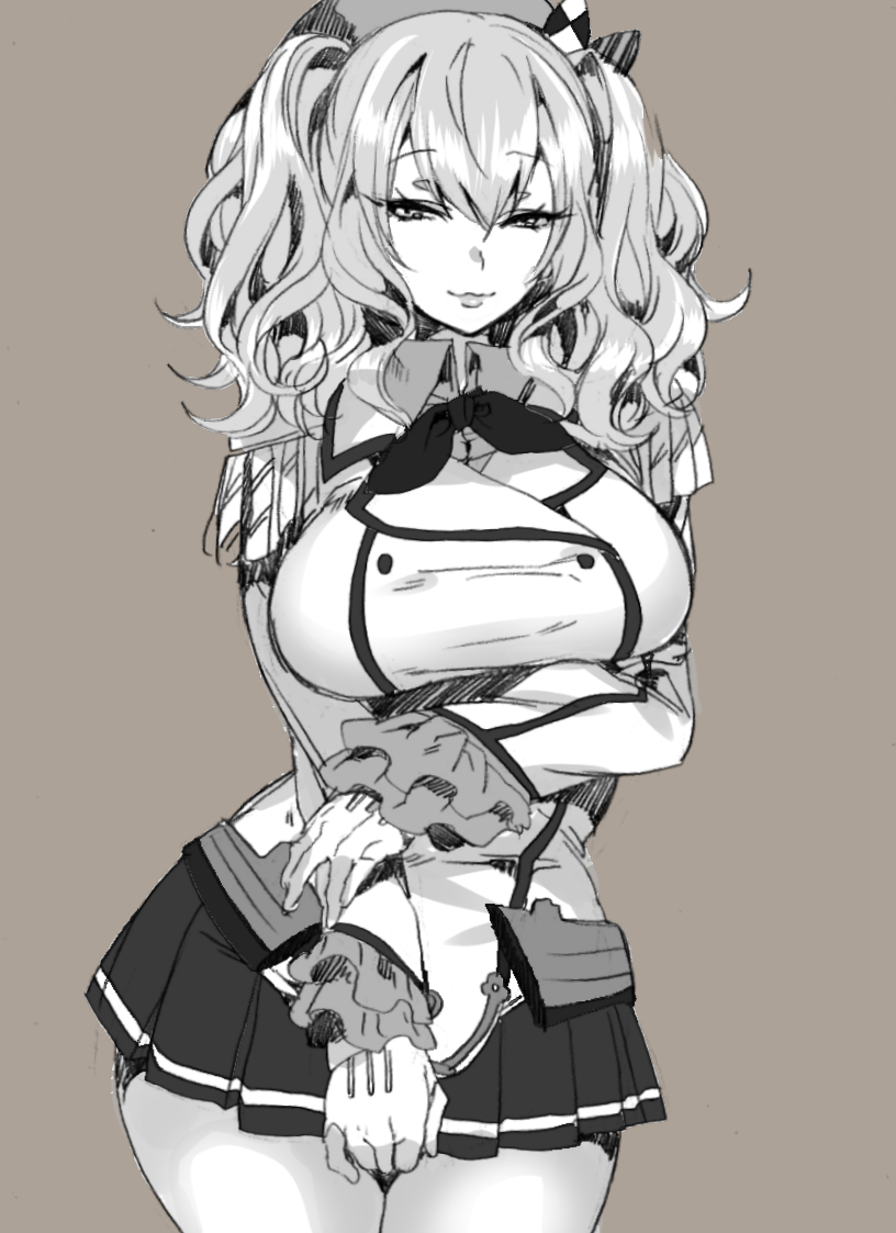 1girl beret breasts double-breasted epaulettes female gloves grey_backgroun...