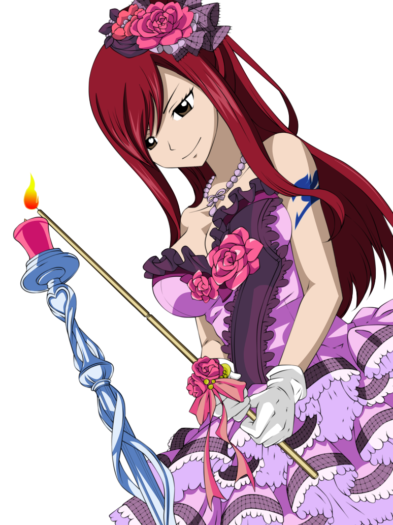 1girl breasts candle dress erza_scarlet fairy_tail gloves hair_ornament jew...