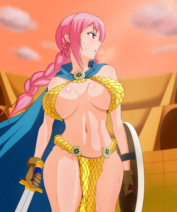 bikini_armor breasts cape female gladiator large_breasts long_hair one_piec...