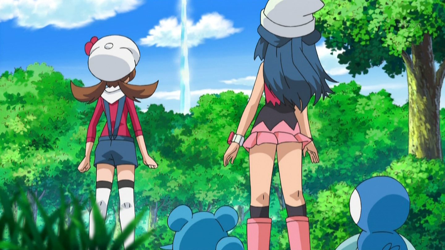 Safebooru - 2girls back blue hair brown hair female forest h. (pokemon) kot...