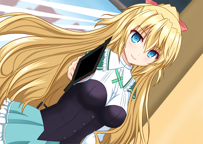 1girl absolute_duo blonde_hair blue_eyes blush breasts frills hair_ornament...