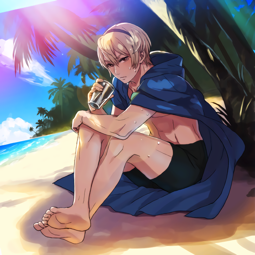 1boy barefoot beach blonde_hair cup drinking_glass fire_emblem fire_emblem_...