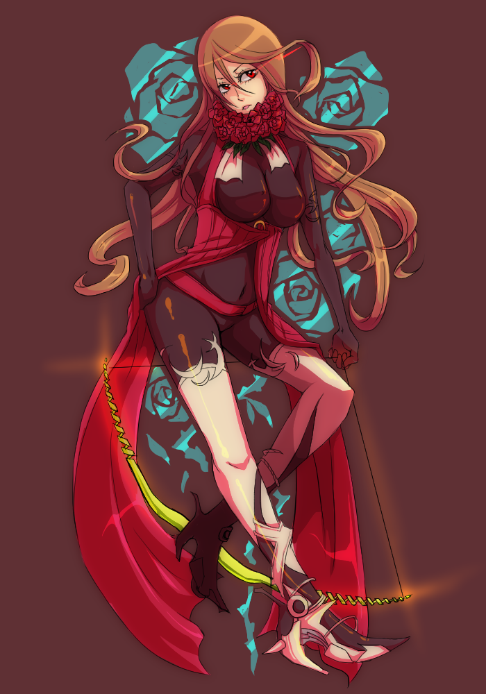 ...(weapon) breasts flower high_heels impossible_clothes jacket long_hair n...