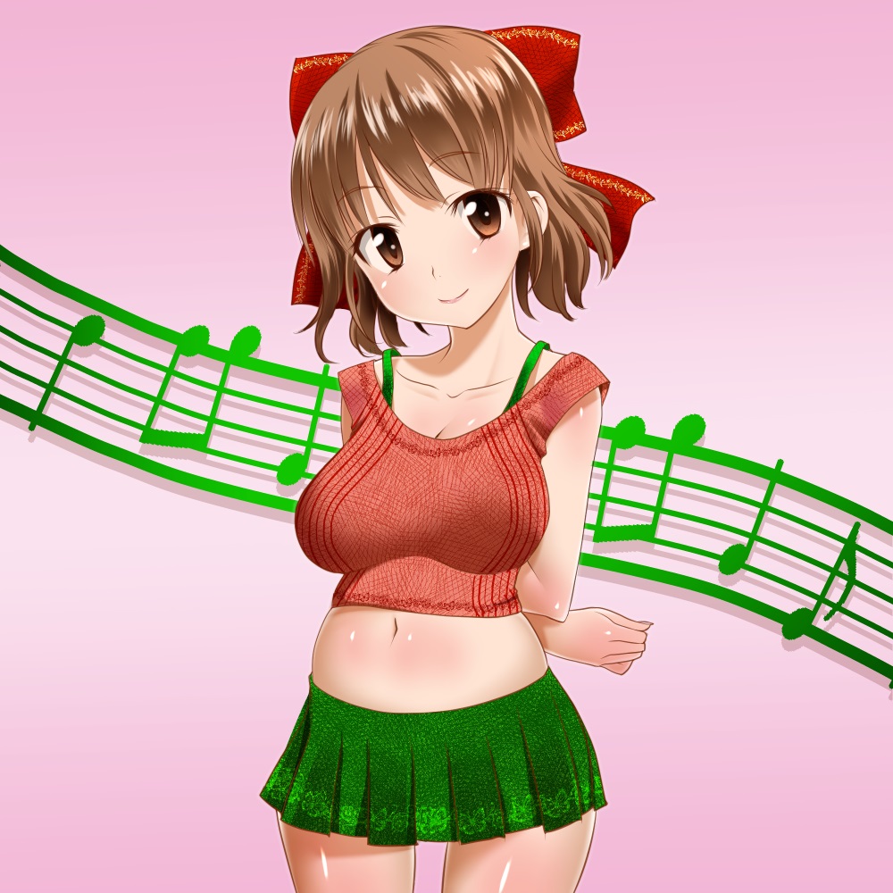 Safebooru 1girl Arms Behind Back Bow Breasts Brown Eyes Brown Hair Crop Top Hair Bow Large 7511