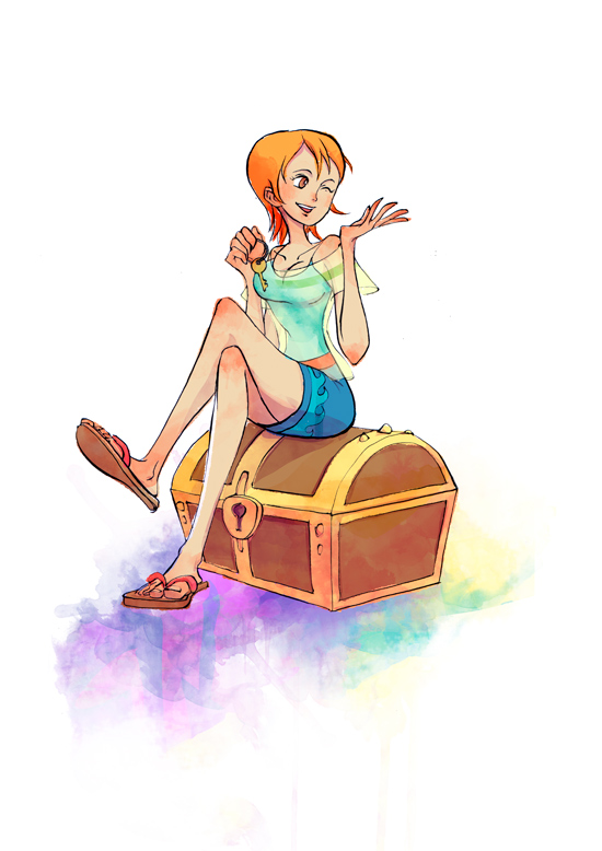 1girl chest nami(one_piece) one_piece orange_hair shirt short_hair sitting ...