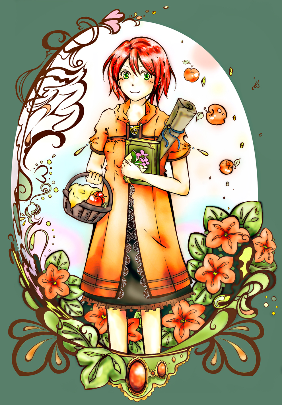 Safebooru 1girl Akagami No Shirayukihime Apple Basket Book Border Carrying Dress Flower Food