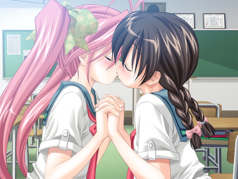 classroom game_cg hand_holding indoors kiss multiple_girls school_uniform t...