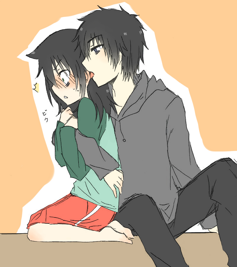 bags_under_eyes black_hair blush brother_and_sister ear_licking green_eyes ...
