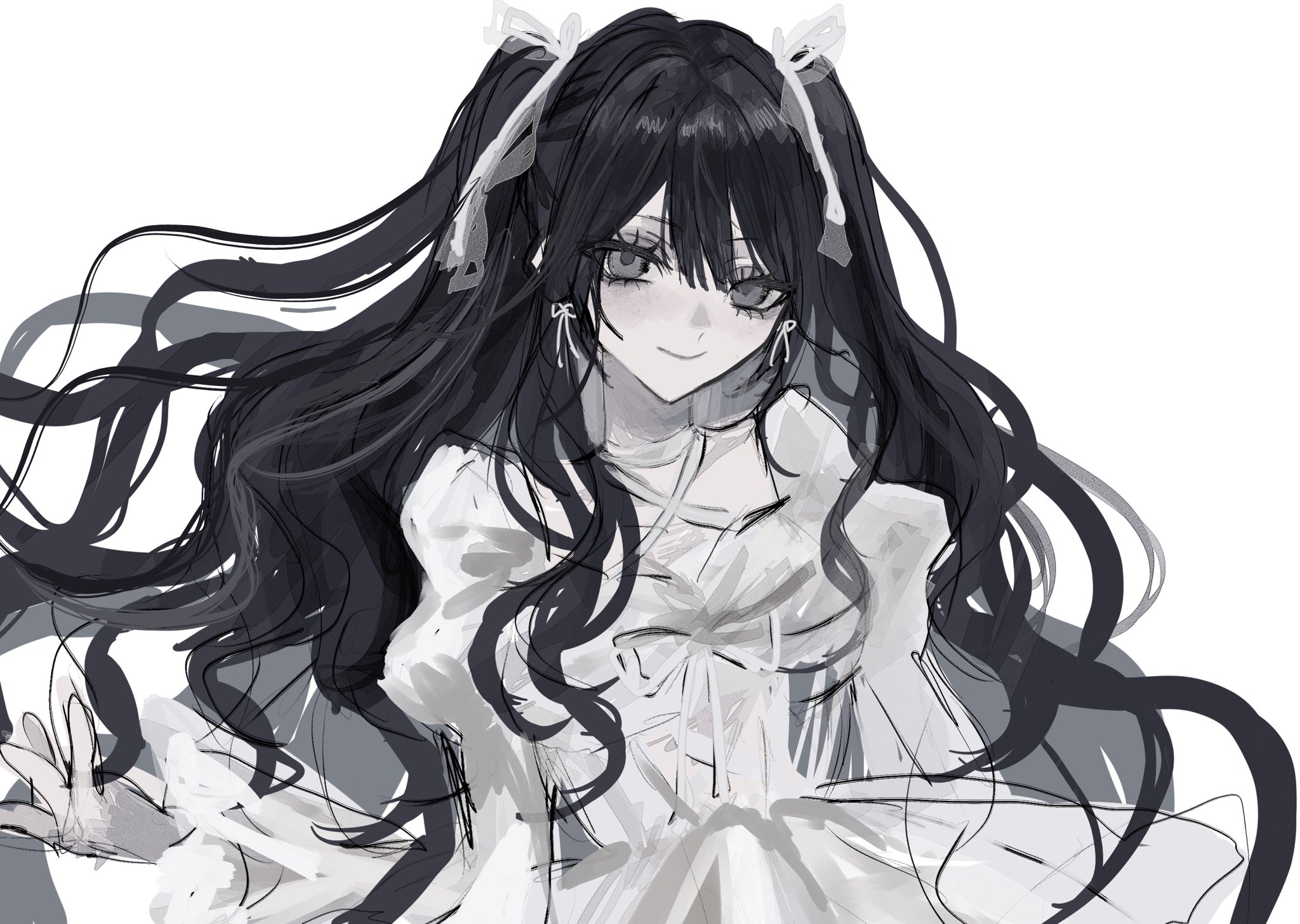 Safebooru - 1girl akai ringo (eveyuno) black hair bow dress grey eyes ...