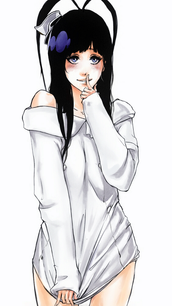 black_hair bleach blue_eyes blush bottomless breasts finger_to_mouth gisell...