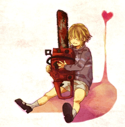 Safebooru 1girl blonde hair chainsaw closed eyes full body heart hug