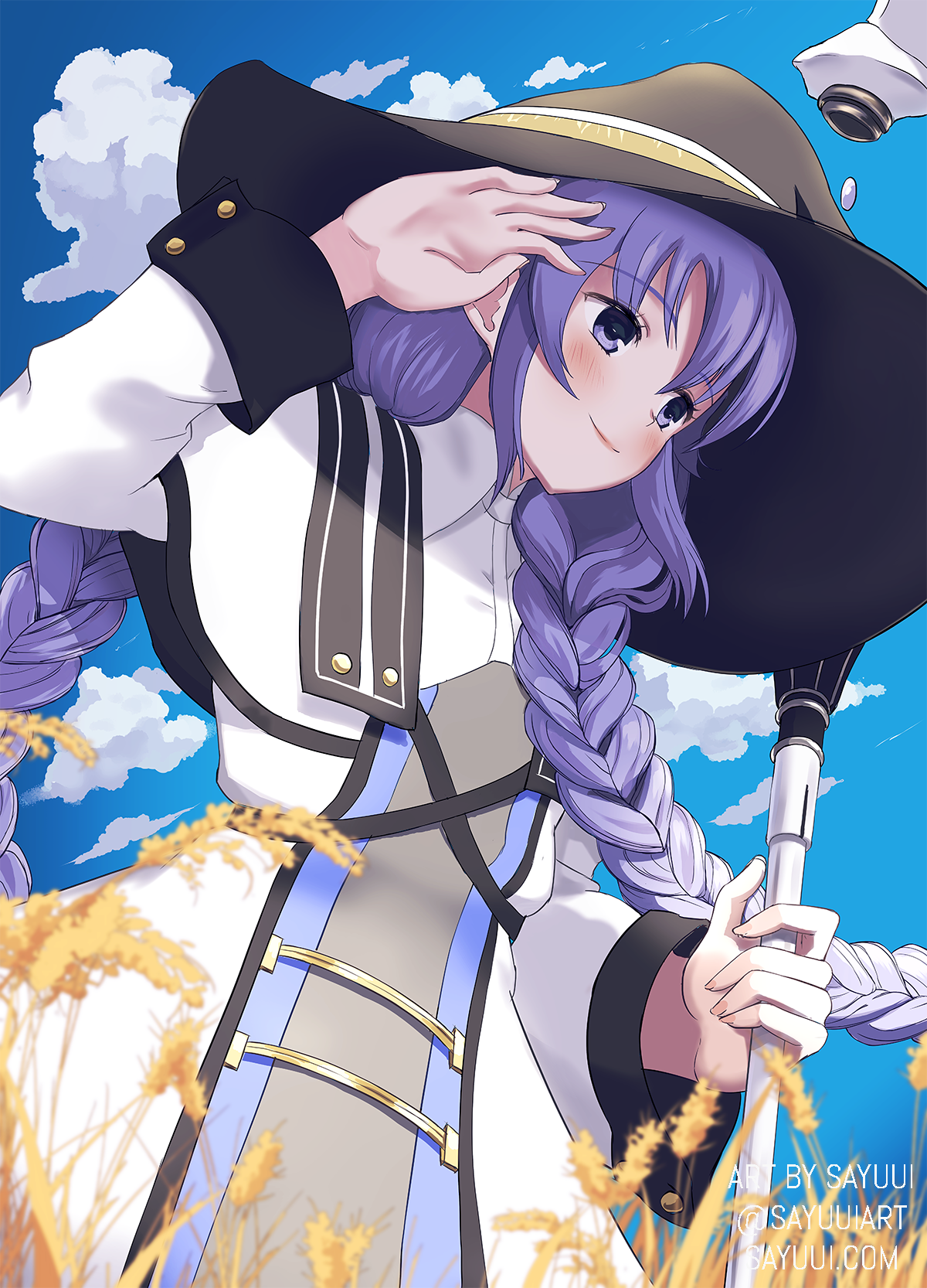 Safebooru - 1girl artist name blue sky blush clouds dutch angle from ...