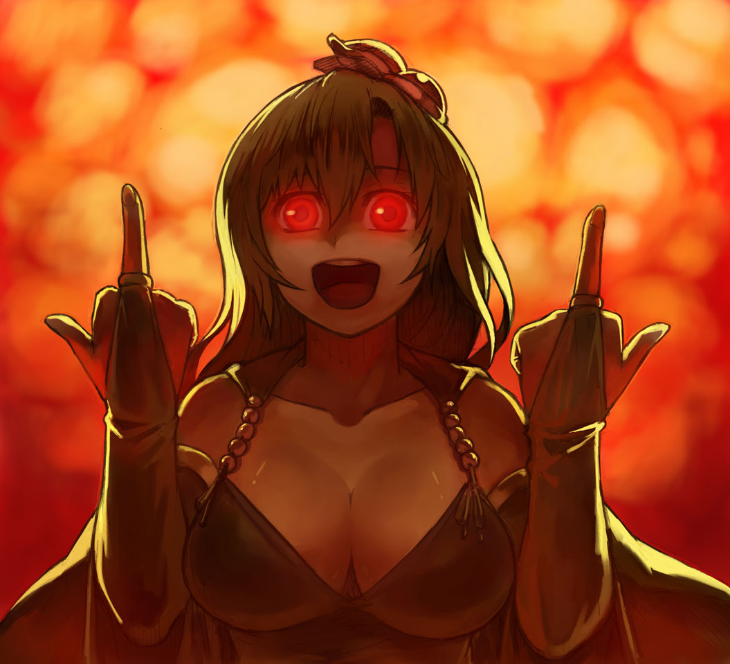 ...green_hair hair_ornament hands large_breasts long_hair meme middle_finge...
