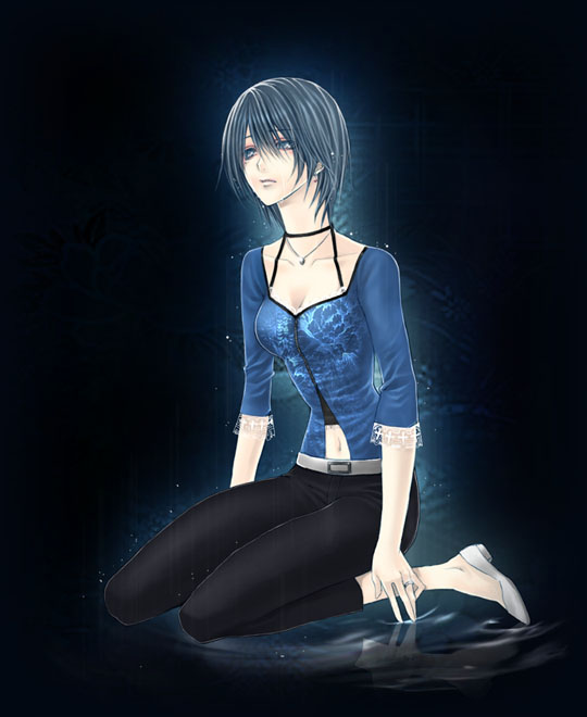 1girl belt black_hair blue_eyes blush denim fatal_frame fatal_frame_3 jeans...