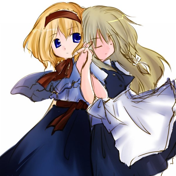 Safebooru 2girls Alice Margatroid Apron Back To Back Blonde Hair Braid Capelet Closed Eyes 2978