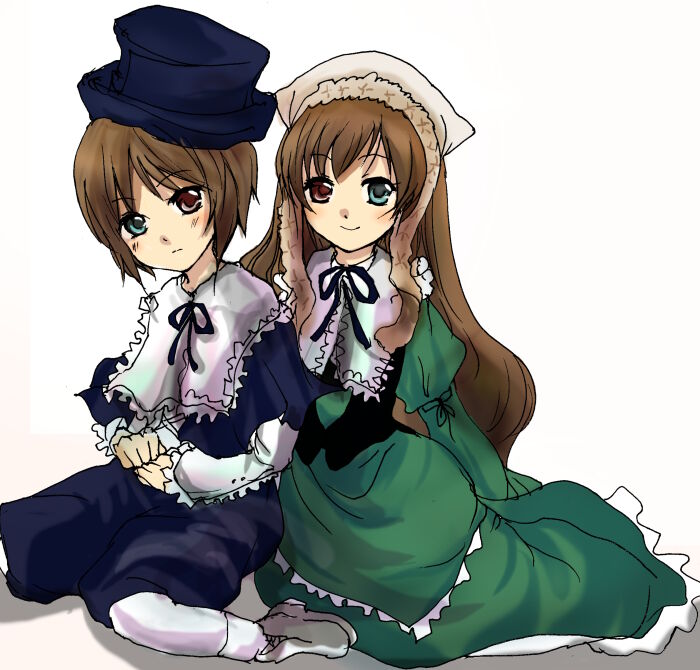 Safebooru 00s 2girls brown hair hat heterochromia long hair multiple