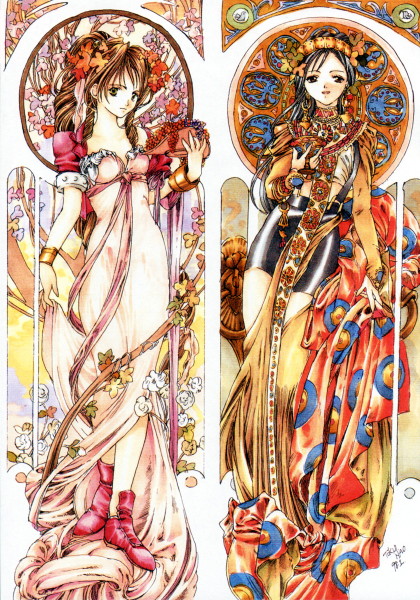 Safebooru 2girls Aerith Gainsborough Art Nouveau Dress Earrings Final Fantasy Final Fantasy 