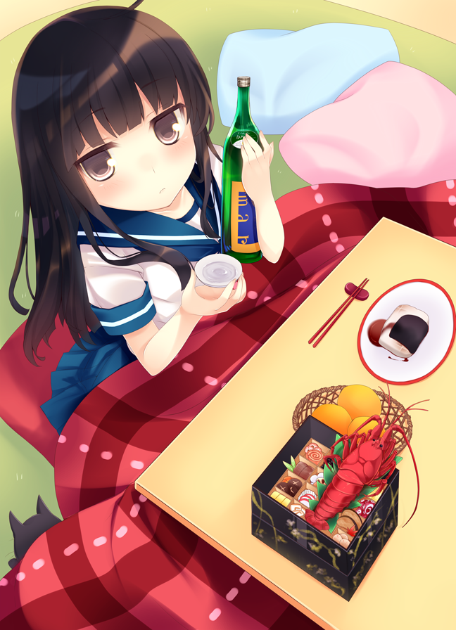 1girl ajiriko black_eyes black_hair cat cup cushion from_above hatsuyuki(ka...