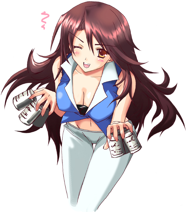 1girl ;p bent_over blush breasts brown_eyes cleavage collarbone downblouse gundam...