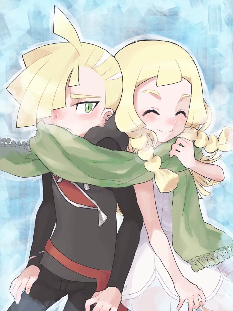 1boy 1girl blonde_hair brother_and_sister closed_eyes dress gladio(pokemon)...