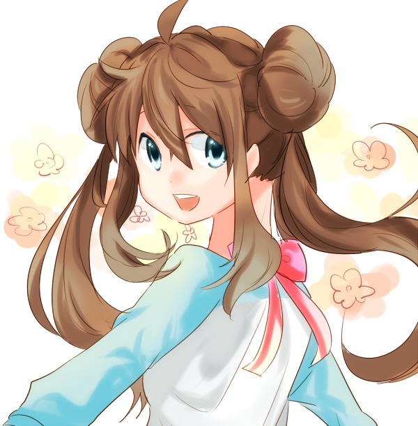 Safebooru Blue Eyes Blush Brown Hair Dress Happy Long Hair Mei Pokemon Pokemon Twin Buns 2800