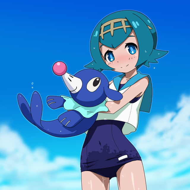 1girl blue_eyes blue_hair crop_top hairband pokemon pokemon(creature) pokem...