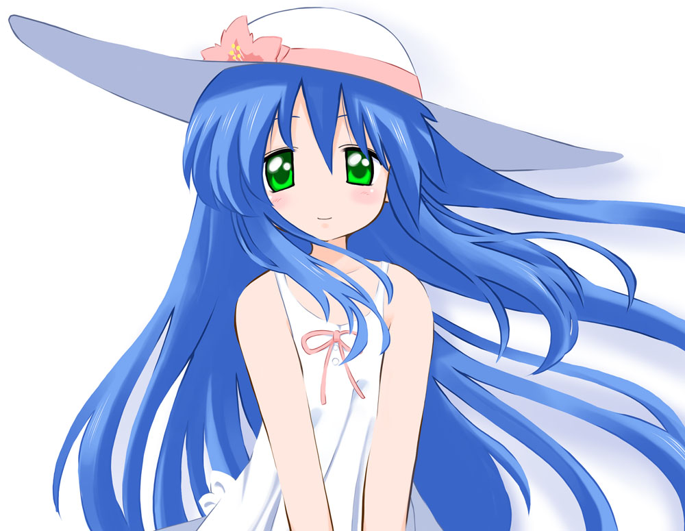 blue_hair collarbone dress floating_hair green_eyes hat izumi_kanata kamia(...