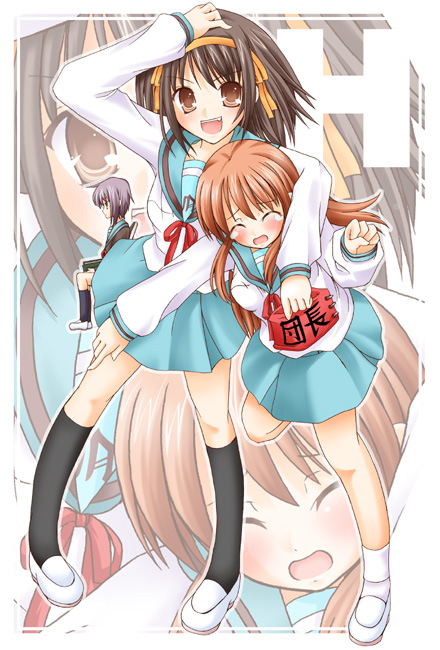 Safebooru 3girls Arm Around Neck Armband Asahina Mikuru Blue Hair Brown Eyes Brown Hair Closed 5892