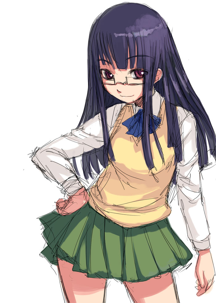 Safebooru - 1girl blue hair bosshi futabu glasses hand on hi