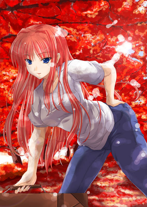 Safebooru 00s 1girl Aozaki Aoko Bent Over Blue Eyes Breasts Hand On Hip Hips Large Breasts 