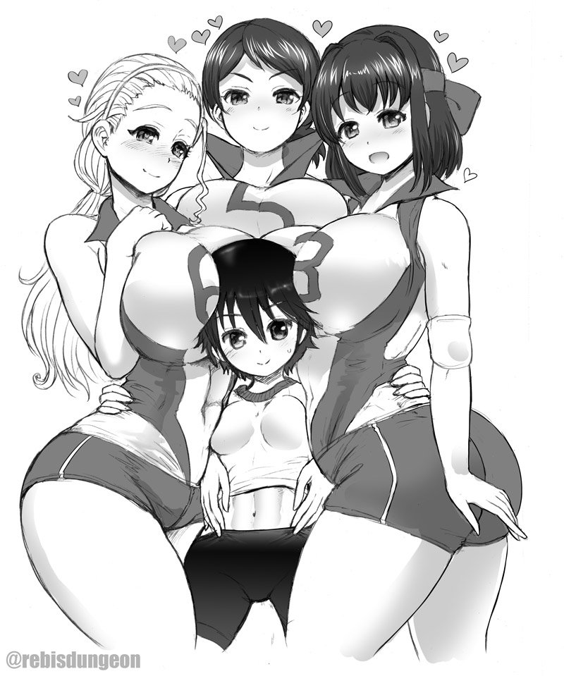 4girls abs ass breast_rest breasts breasts_on_head commentary_request femal...