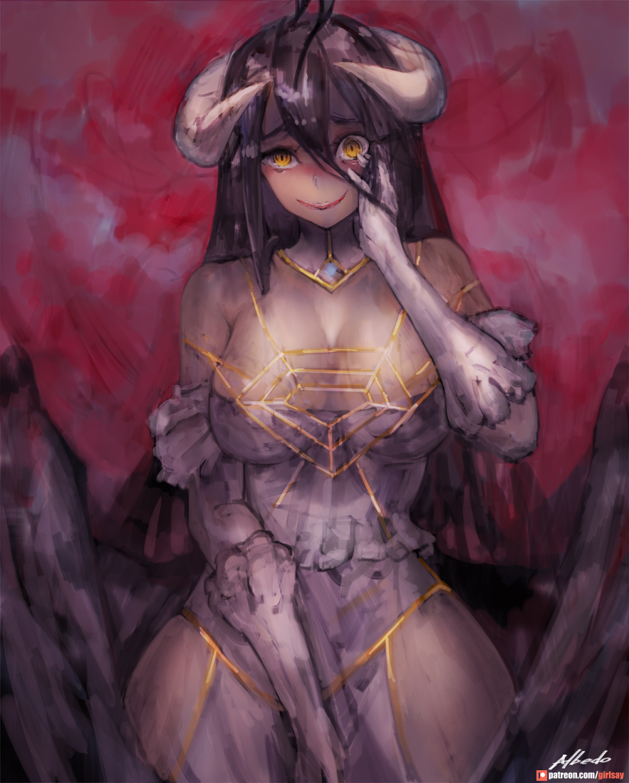 1girl albedo bare_shoulders black_hair black_wings breasts demon_girl demon...