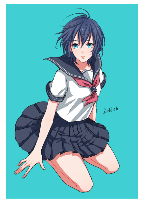 Safebooru 1girl Black Hair Blue Background Blue Eyes Open Mouth Original Orii Orii I Pleated 4427