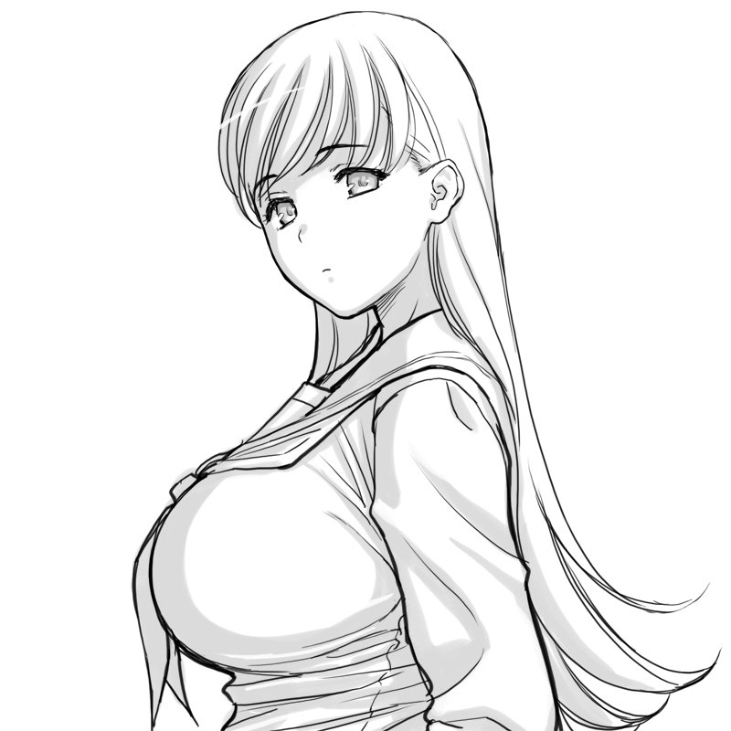 1girl breasts commentary_request expressionless from_side greyscale kantai_...