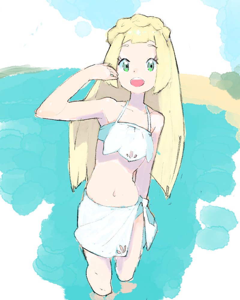 (pokemon) long_hair looking_at_viewer navel ocean open_mouth partially_subm...