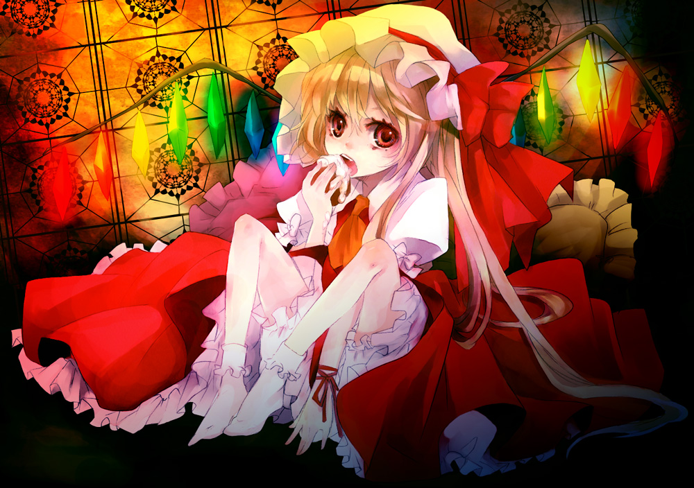 Safebooru Bad Id Barefoot Blonde Hair Eating Feet Flandre Scarlet Food Hat Red Eyes Ribbon