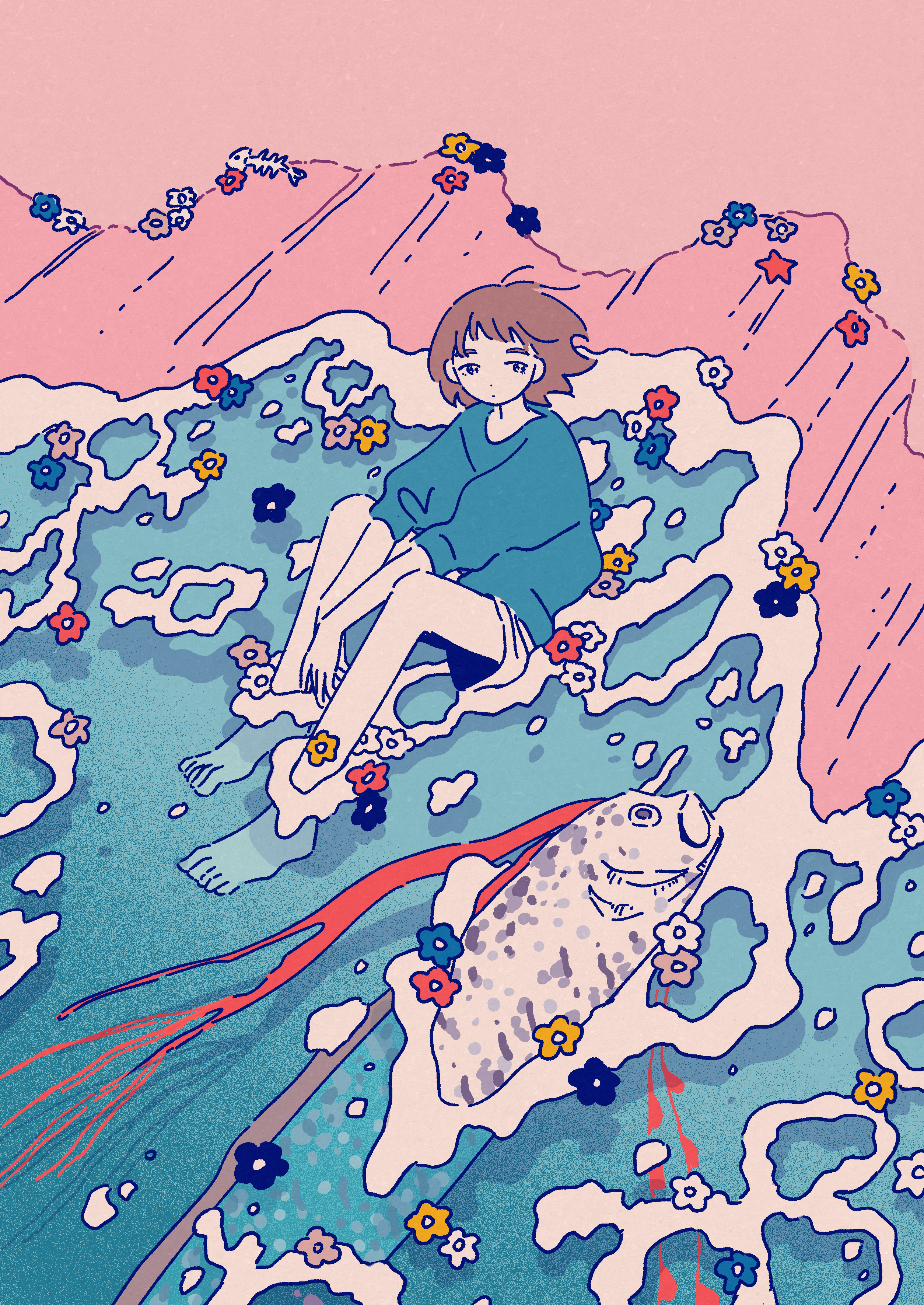 Safebooru - 1girl absurdres barefoot beach brown hair closed mouth fish ...