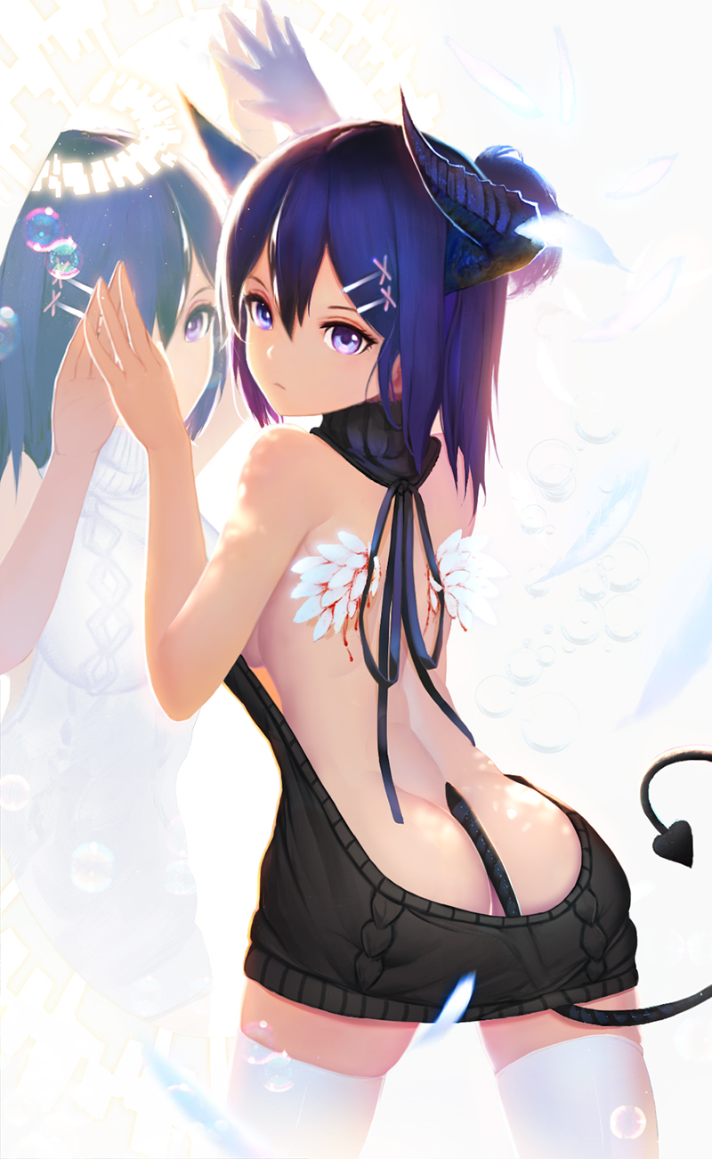 1girl angel_and_devil angel_wings aran_sweater arm_up ass backless_outfit b...