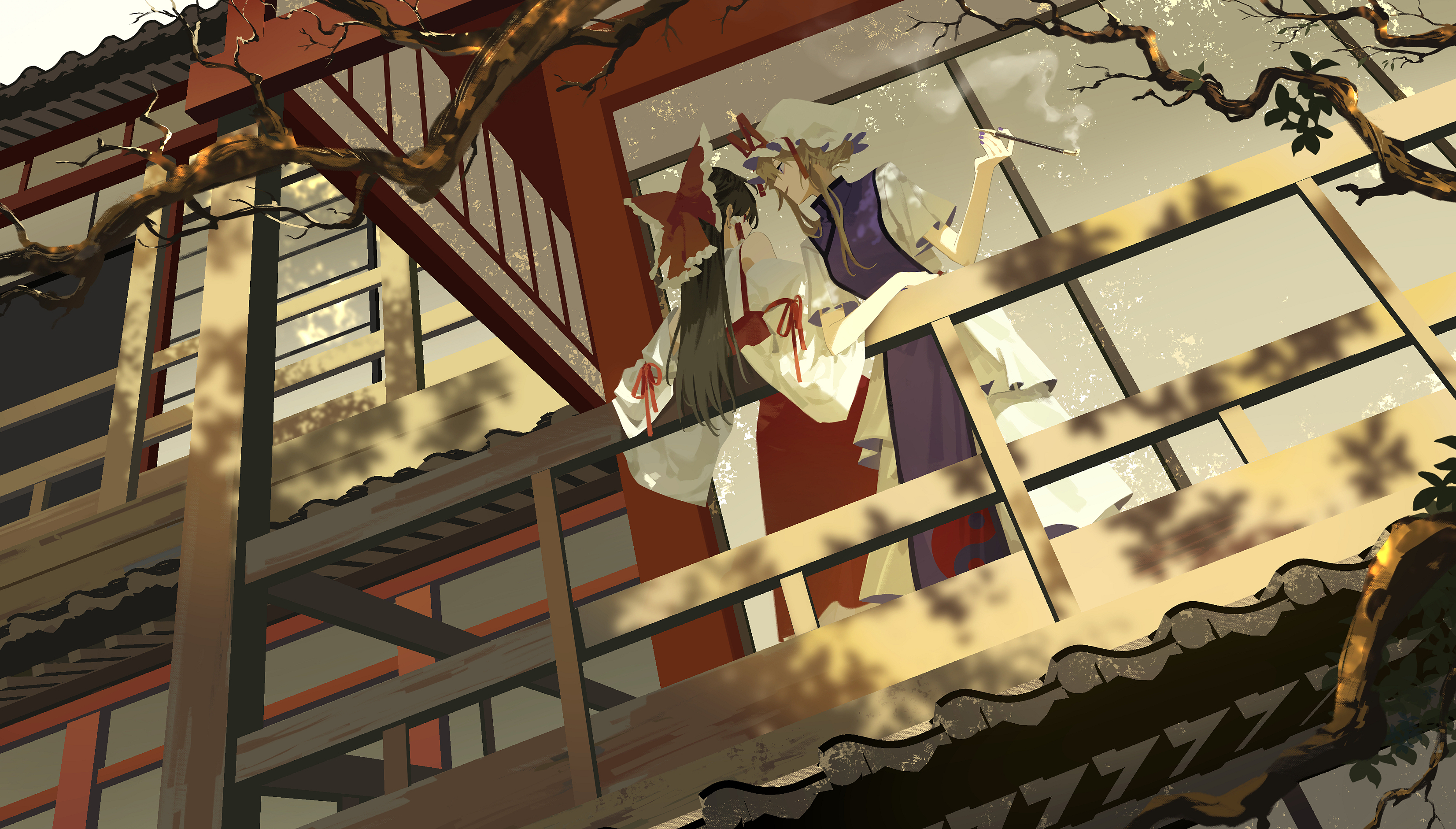 Safebooru - 2girls absurdres against railing architecture balcony black ...