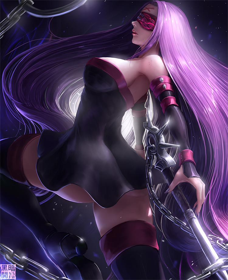 large_breasts long_hair nail_polish purple_hair rider rimu_niku solo thigh-...