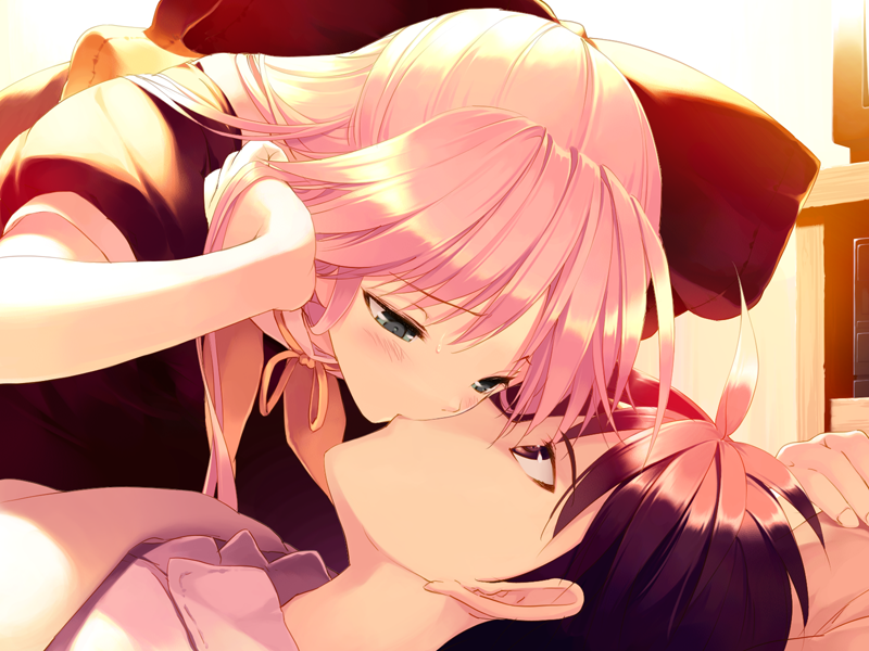 bow couple eye_contact game_cg girl_on_top hair_bow kiss leaning_forward lo...