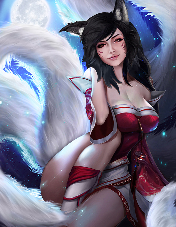 1girl ahri animal_ears black_hair breasts cleavage fox_ears fox_tail large_...