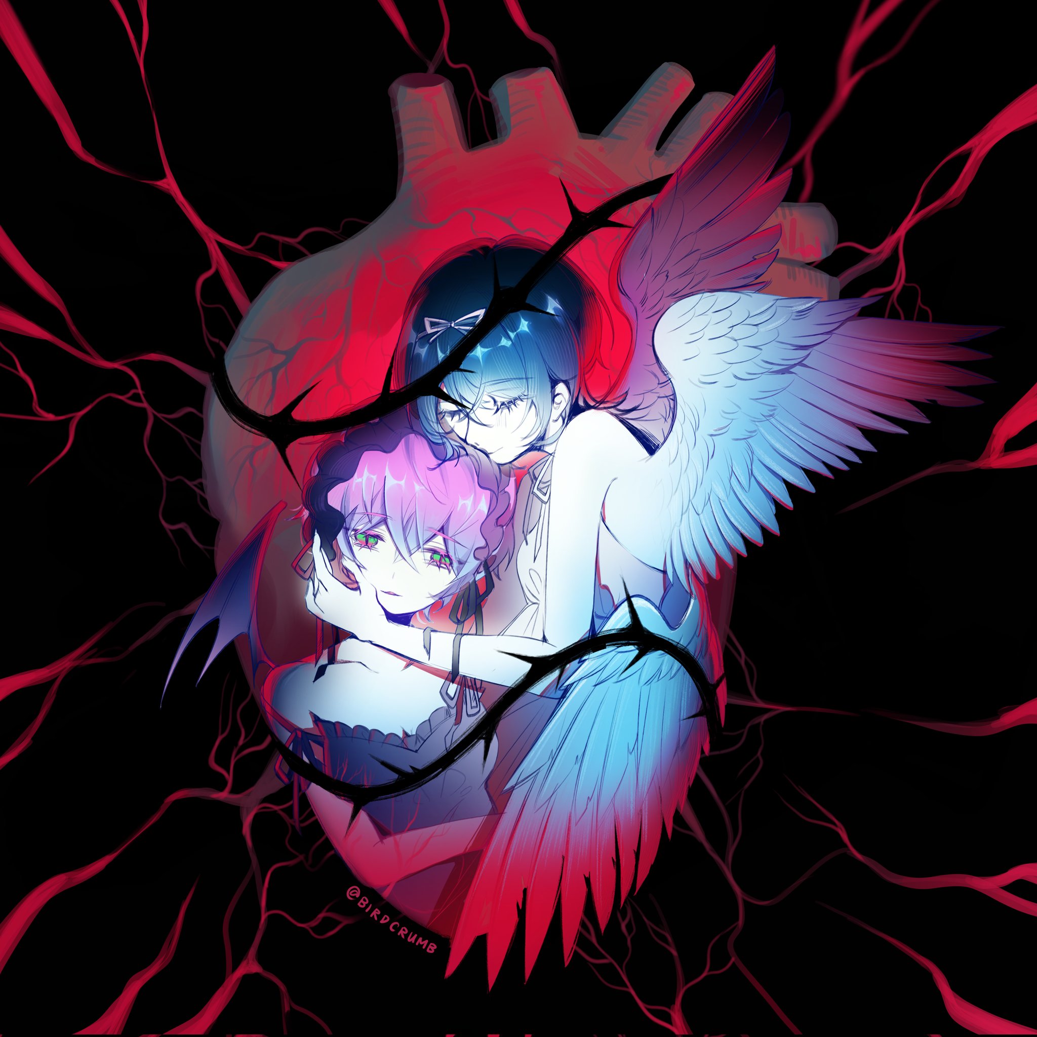 Safebooru - 2girls alien stage angel wings black dress black hair black ...