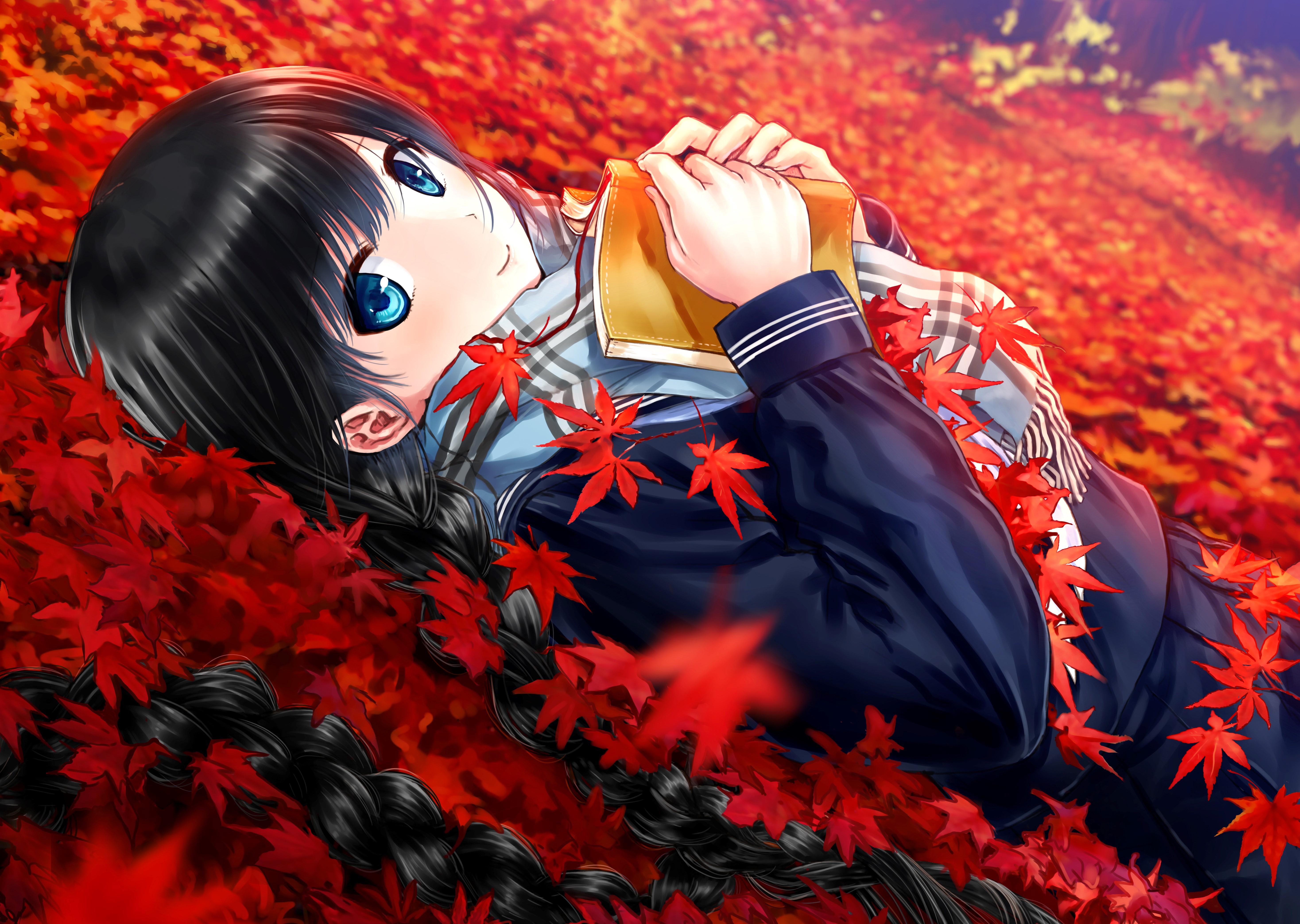 Safebooru 1girl Absurdres Autumn Autumn Leaves Bangs Black Hair Blue 