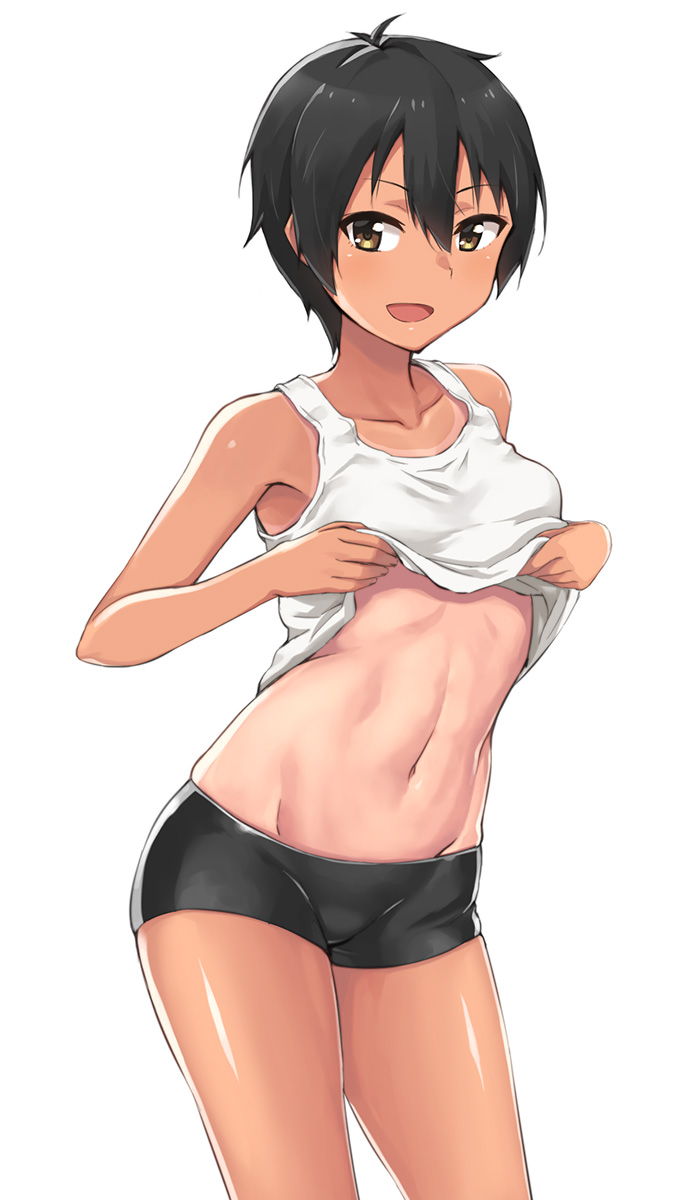 1girl :d bare_arms bare_shoulders black_hair breasts brown_eyes clothes_lif...