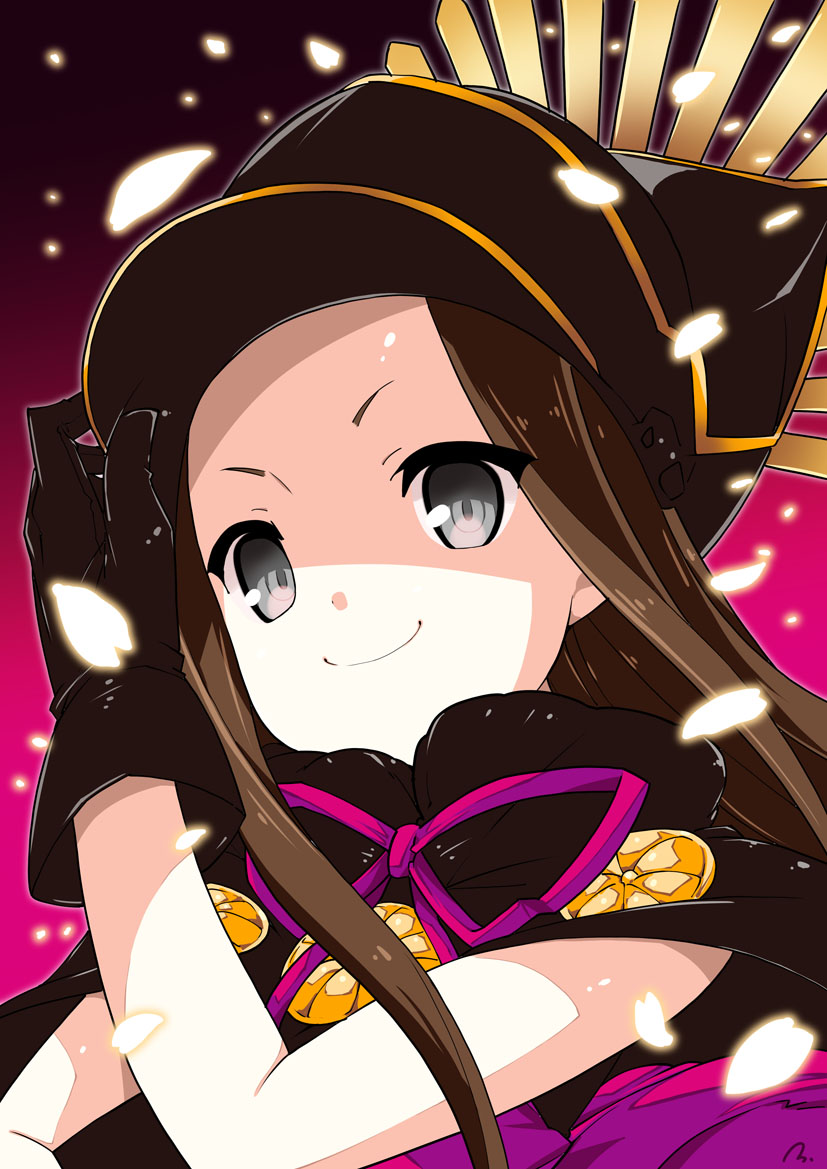 black_hat brown_hair capelet chacha(fate/grand_order) closed_mouth drawstri...