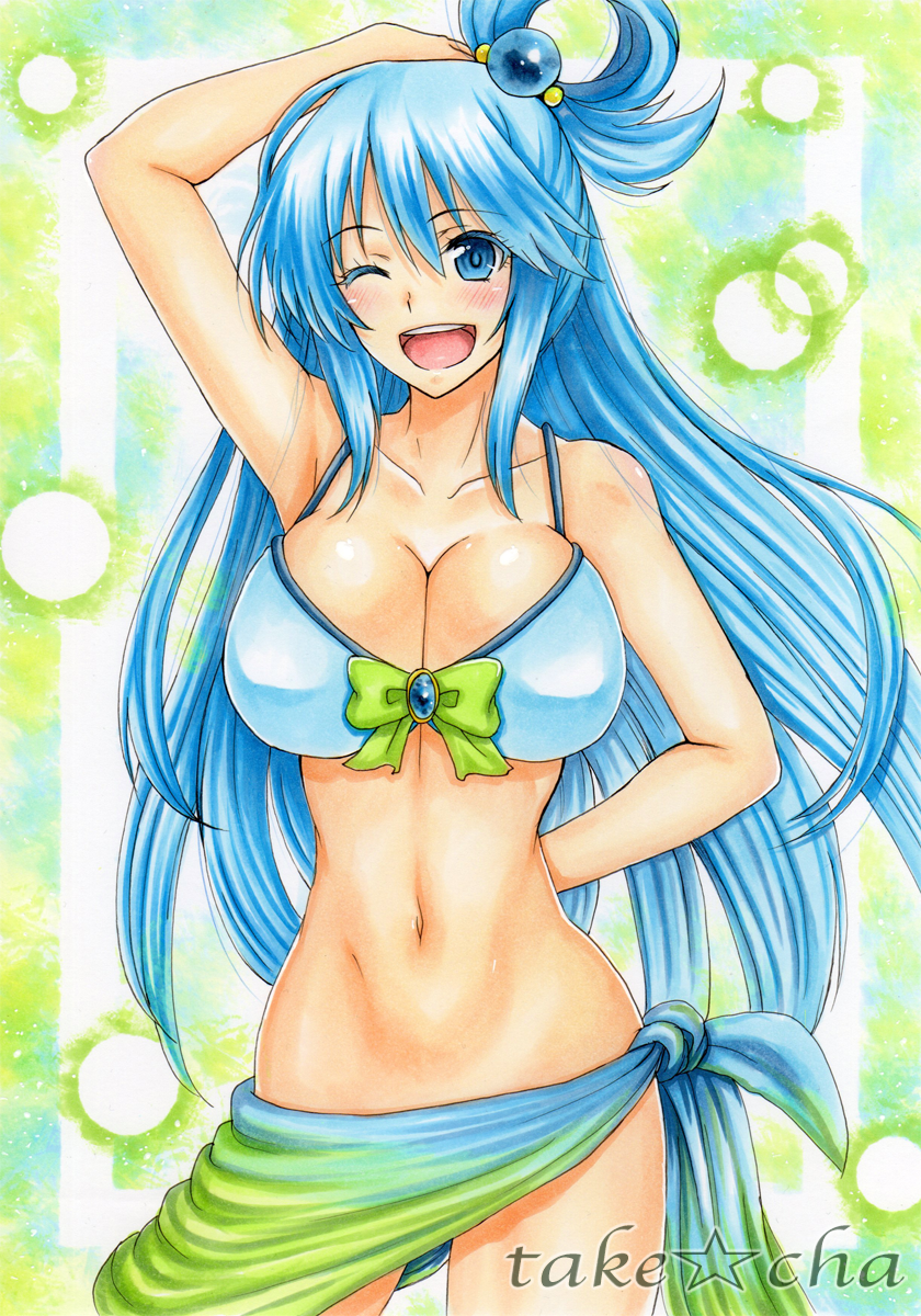 1girl :d aqua(konosuba) arm_behind_back artist_name bikini blue_bikini blue...