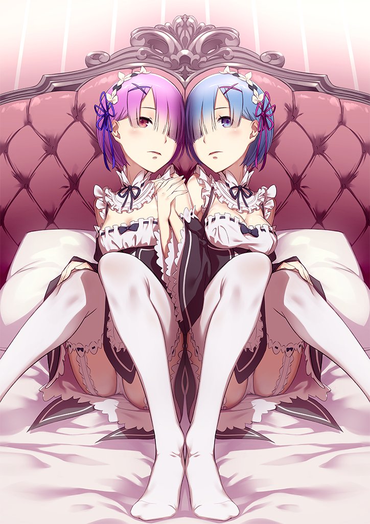 2girls bed bed_sheet blue_eyes blue_hair blush breasts detached_sleeves fee...