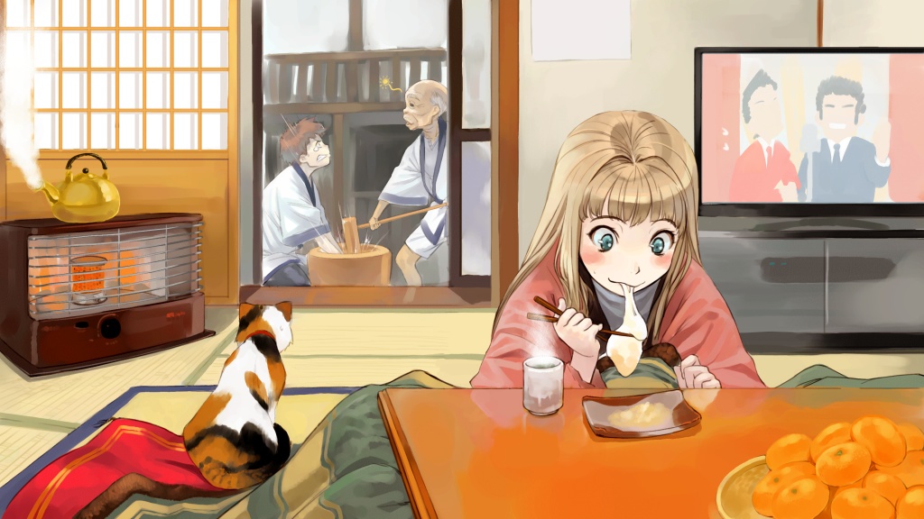 animal bad_id blonde_hair blush cat chopsticks eating food japanese_clothes...